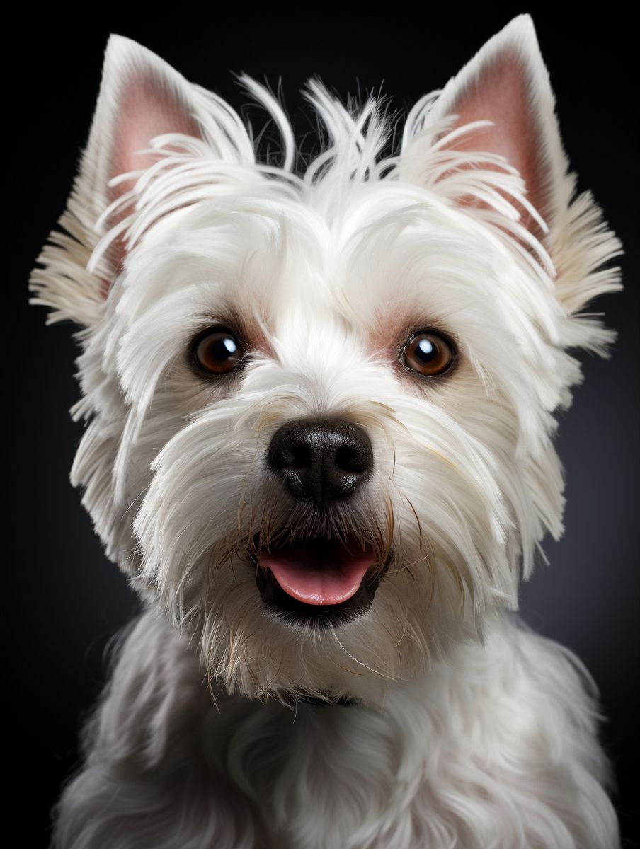 Un portrait d'un chien avec un pelage blanc, regardant avec des yeux expressifs et la langue sortie.